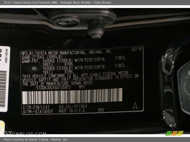 Midnight Black Metallic / Dark Bisque 2016 Toyota Sienna XLE Premium AWD