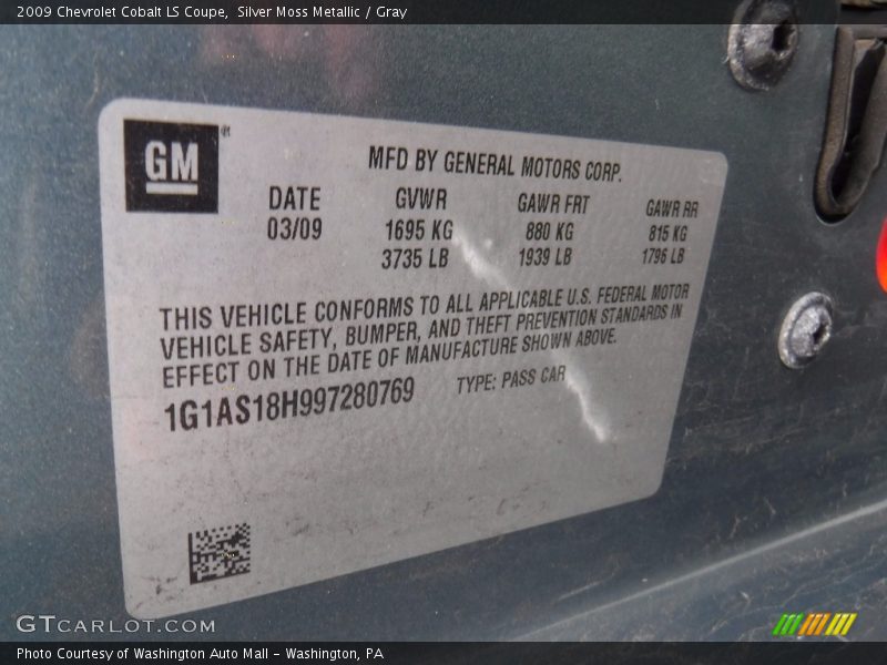 Silver Moss Metallic / Gray 2009 Chevrolet Cobalt LS Coupe
