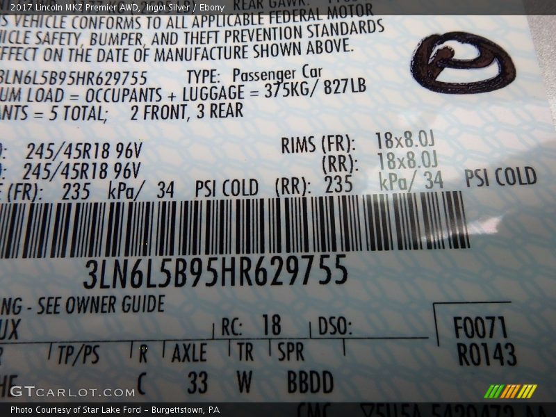 Ingot Silver / Ebony 2017 Lincoln MKZ Premier AWD