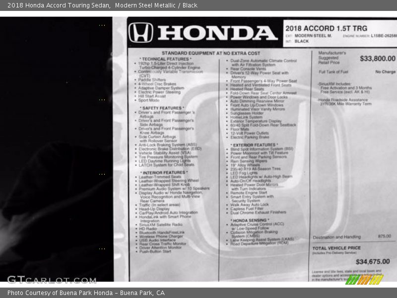 Modern Steel Metallic / Black 2018 Honda Accord Touring Sedan