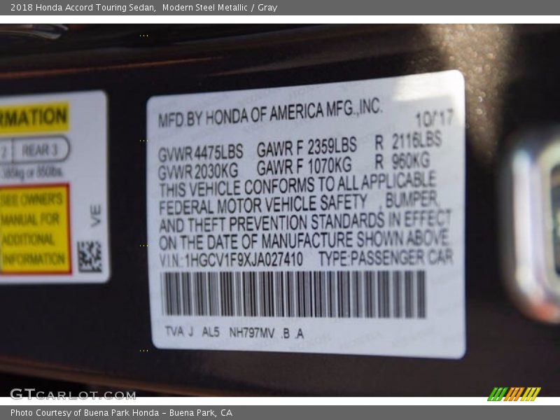 Modern Steel Metallic / Gray 2018 Honda Accord Touring Sedan