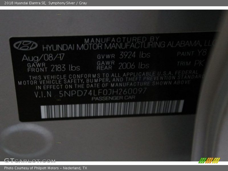 Symphony Silver / Gray 2018 Hyundai Elantra SE