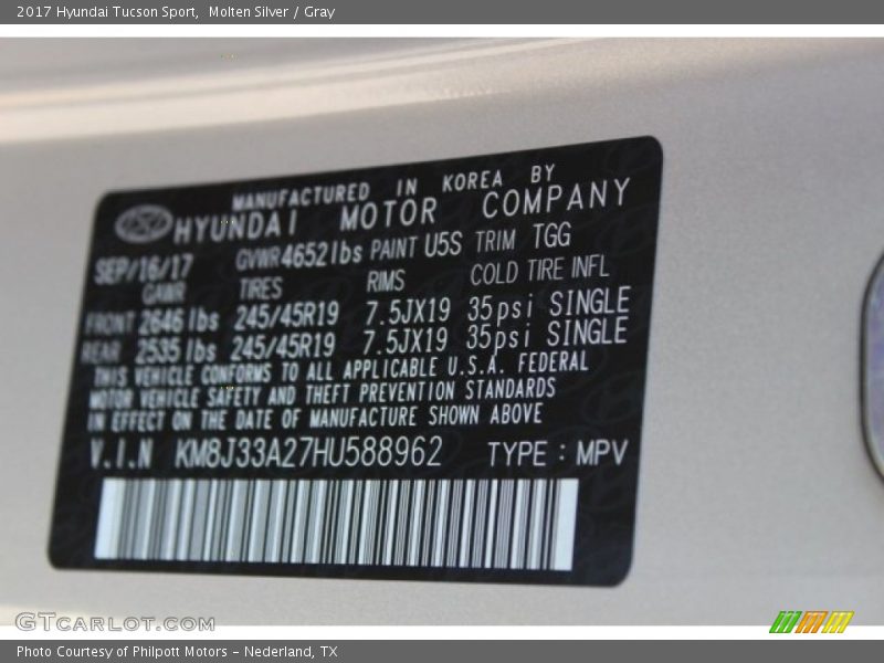 Molten Silver / Gray 2017 Hyundai Tucson Sport