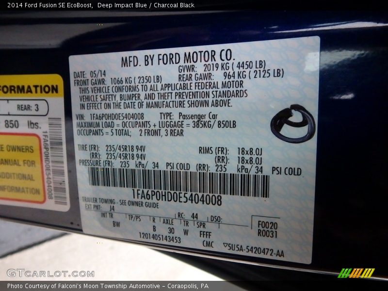 Deep Impact Blue / Charcoal Black 2014 Ford Fusion SE EcoBoost
