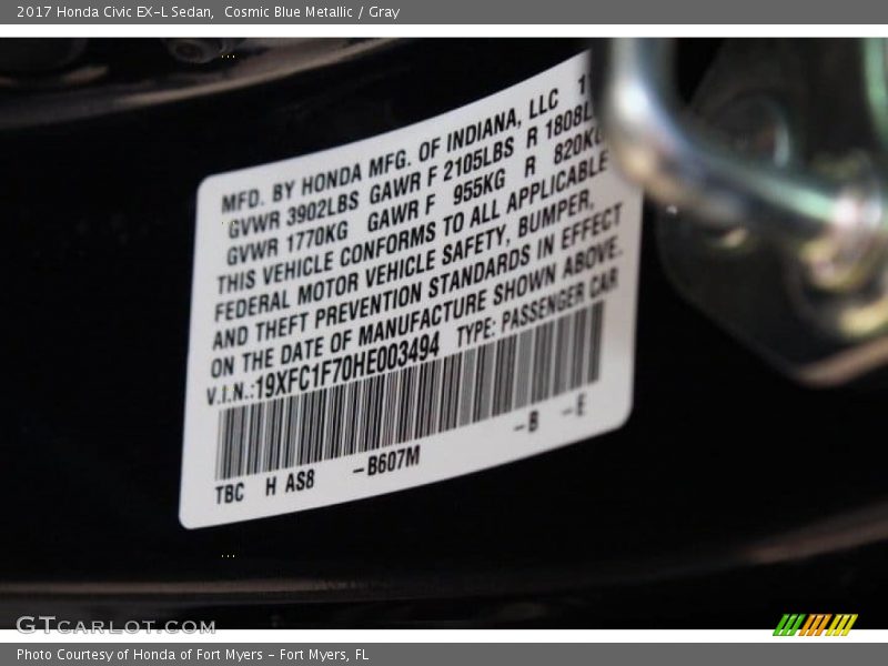 Cosmic Blue Metallic / Gray 2017 Honda Civic EX-L Sedan