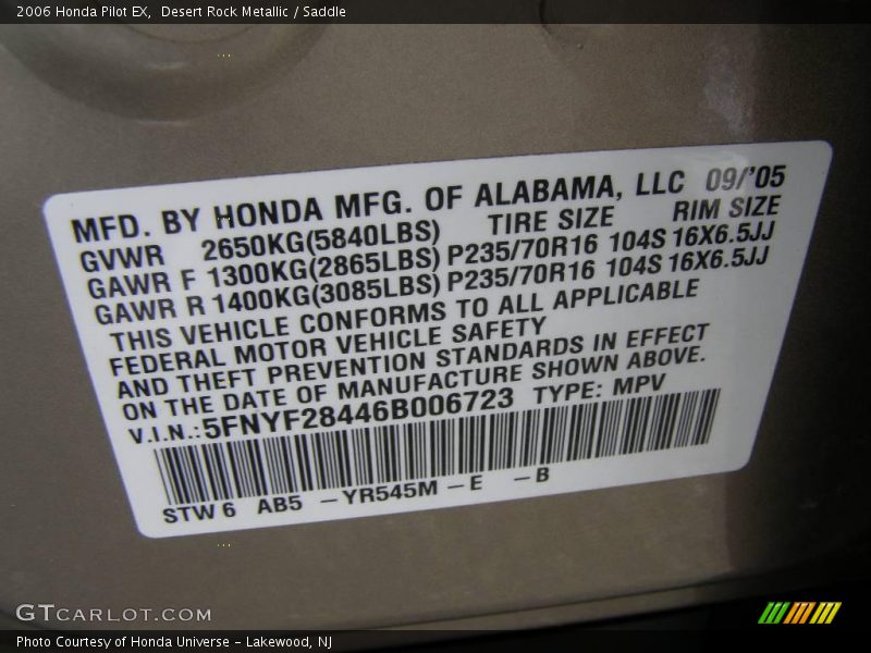 Desert Rock Metallic / Saddle 2006 Honda Pilot EX