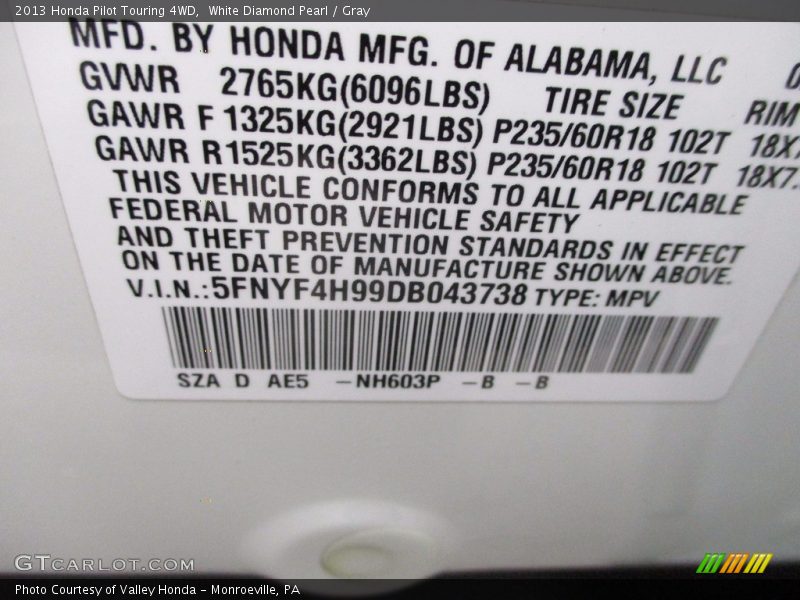 White Diamond Pearl / Gray 2013 Honda Pilot Touring 4WD