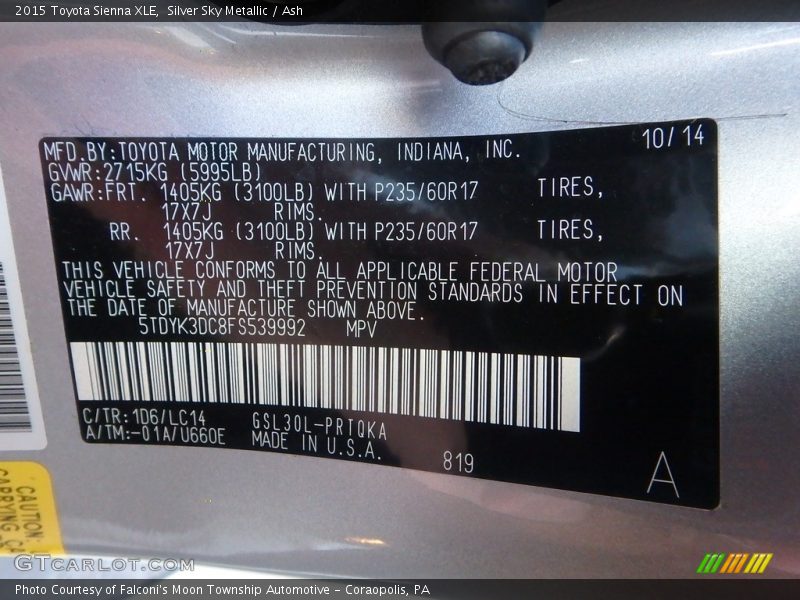 Silver Sky Metallic / Ash 2015 Toyota Sienna XLE