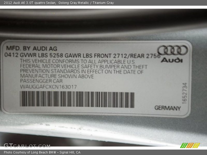 Oolong Gray Metallic / Titanium Gray 2012 Audi A6 3.0T quattro Sedan
