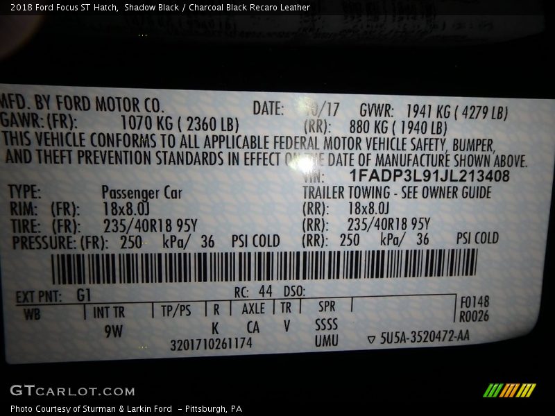 2018 Focus ST Hatch Shadow Black Color Code G1