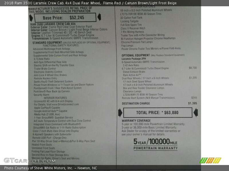  2018 3500 Laramie Crew Cab 4x4 Dual Rear Wheel Window Sticker