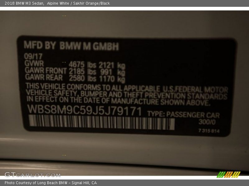Alpine White / Sakhir Orange/Black 2018 BMW M3 Sedan