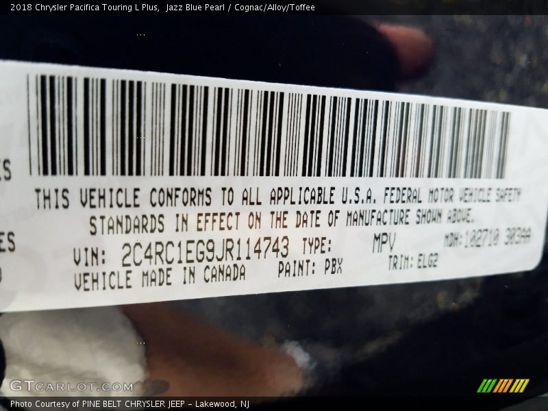 Jazz Blue Pearl / Cognac/Alloy/Toffee 2018 Chrysler Pacifica Touring L Plus
