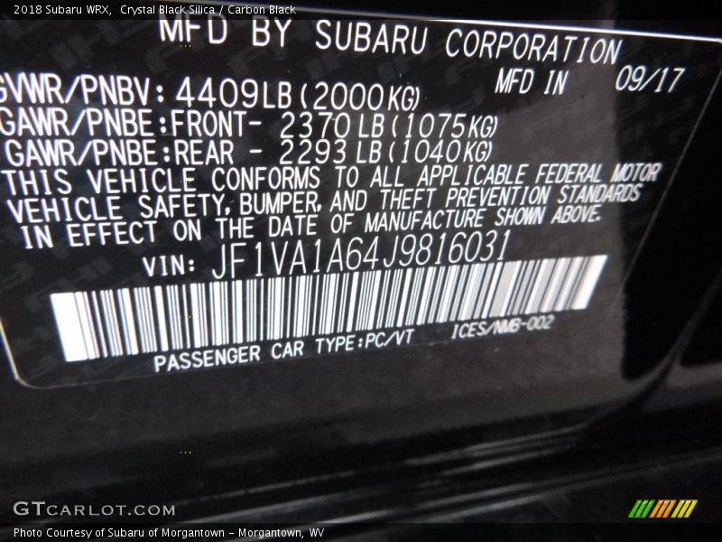 Crystal Black Silica / Carbon Black 2018 Subaru WRX