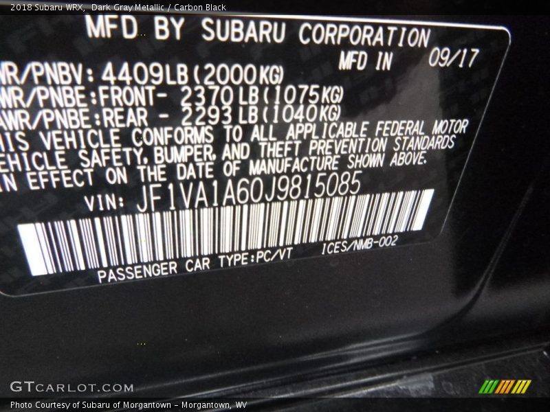 Dark Gray Metallic / Carbon Black 2018 Subaru WRX