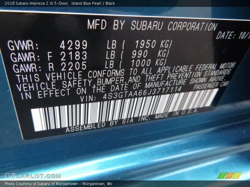 Island Blue Pearl / Black 2018 Subaru Impreza 2.0i 5-Door