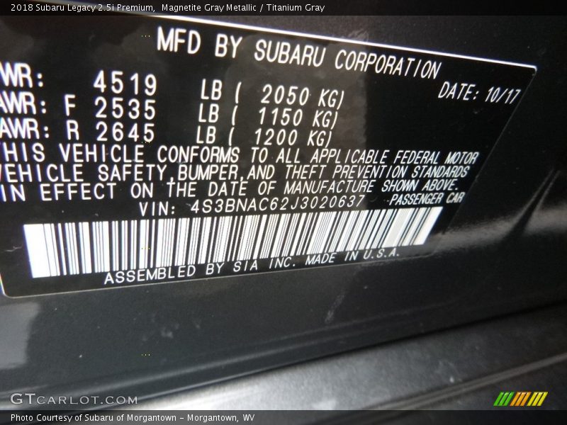 Magnetite Gray Metallic / Titanium Gray 2018 Subaru Legacy 2.5i Premium