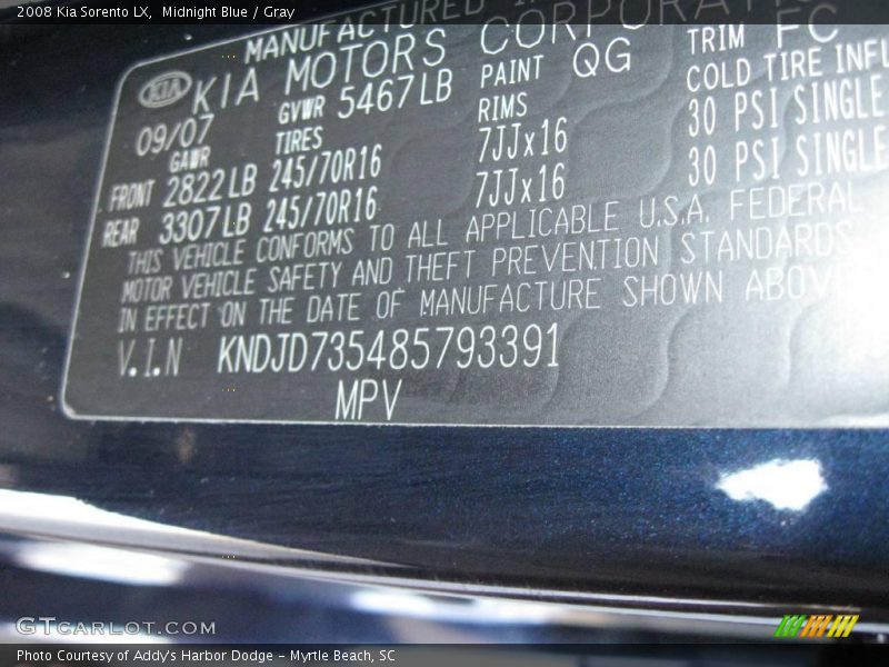 Midnight Blue / Gray 2008 Kia Sorento LX