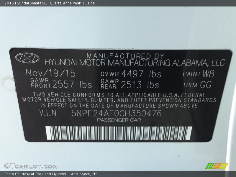 Quartz White Pearl / Beige 2016 Hyundai Sonata SE
