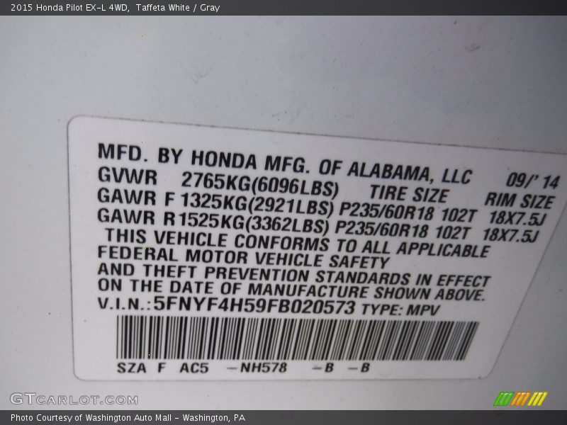 Taffeta White / Gray 2015 Honda Pilot EX-L 4WD