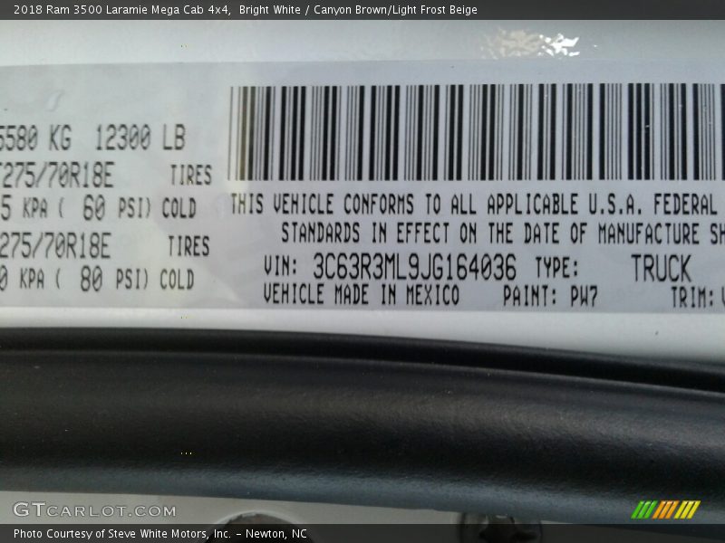 2018 3500 Laramie Mega Cab 4x4 Bright White Color Code PW7