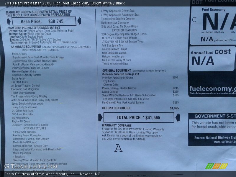 Bright White / Black 2018 Ram ProMaster 3500 High Roof Cargo Van