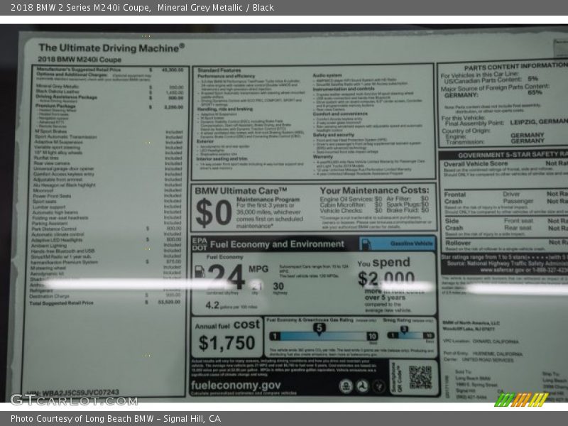 Mineral Grey Metallic / Black 2018 BMW 2 Series M240i Coupe