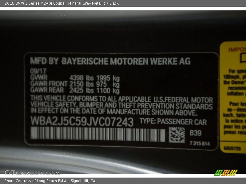 Mineral Grey Metallic / Black 2018 BMW 2 Series M240i Coupe