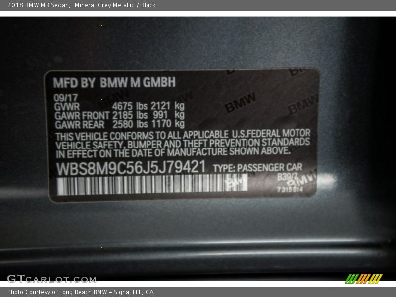 2018 M3 Sedan Mineral Grey Metallic Color Code B39