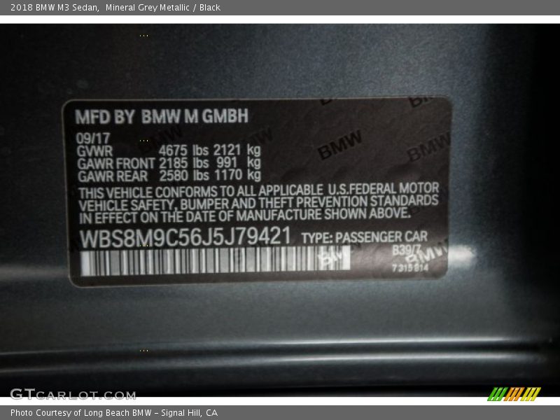 2018 M3 Sedan Mineral Grey Metallic Color Code B39