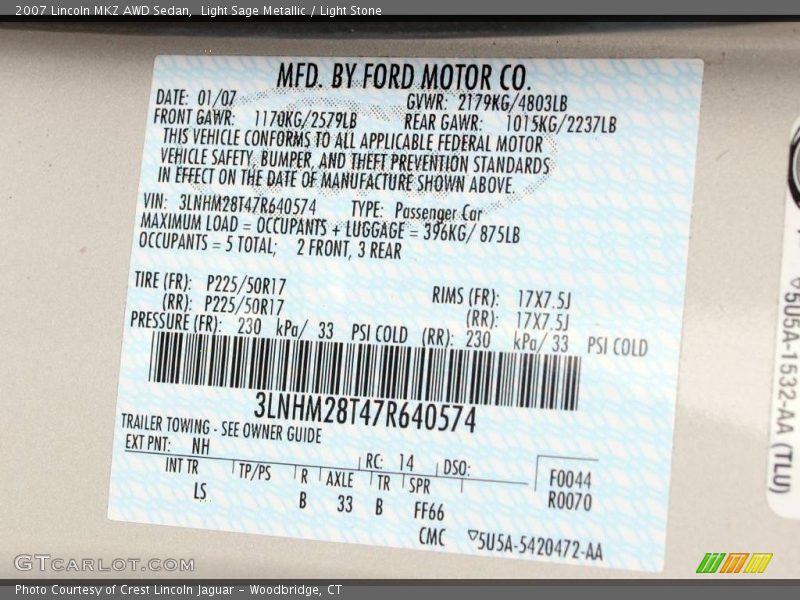 Light Sage Metallic / Light Stone 2007 Lincoln MKZ AWD Sedan