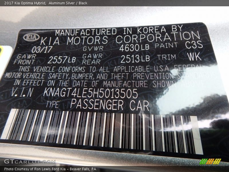 2017 Optima Hybrid Aluminum Silver Color Code C3S