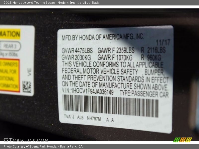 Modern Steel Metallic / Black 2018 Honda Accord Touring Sedan
