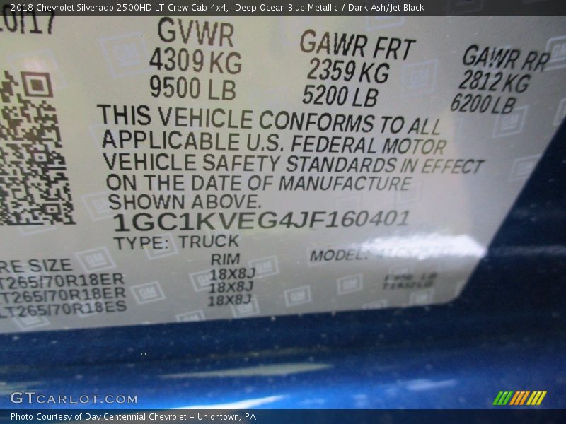 Deep Ocean Blue Metallic / Dark Ash/Jet Black 2018 Chevrolet Silverado 2500HD LT Crew Cab 4x4