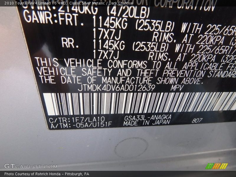 Classic Silver Metallic / Dark Charcoal 2010 Toyota RAV4 Limited V6 4WD