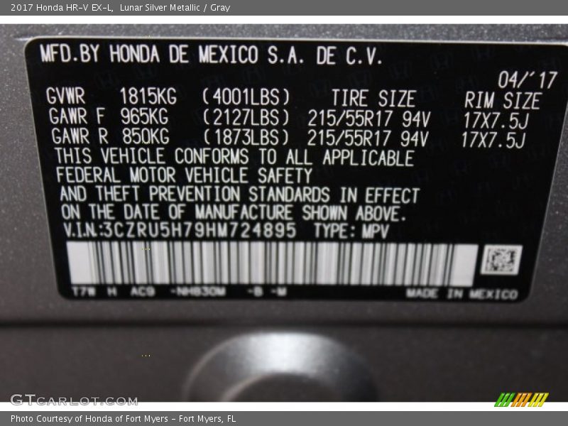 Lunar Silver Metallic / Gray 2017 Honda HR-V EX-L