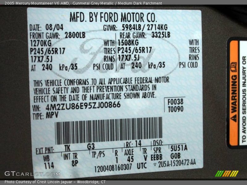 Gunmetal Grey Metallic / Medium Dark Parchment 2005 Mercury Mountaineer V6 AWD