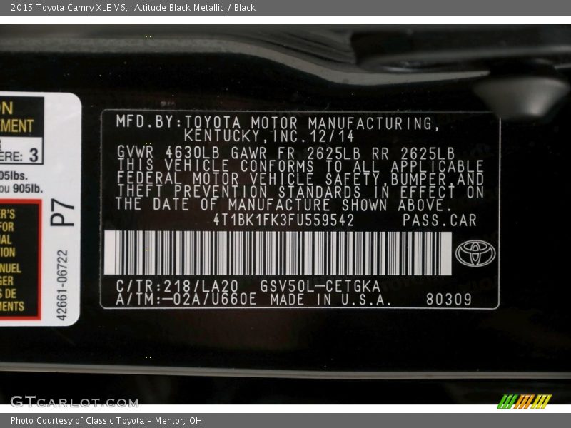 Attitude Black Metallic / Black 2015 Toyota Camry XLE V6