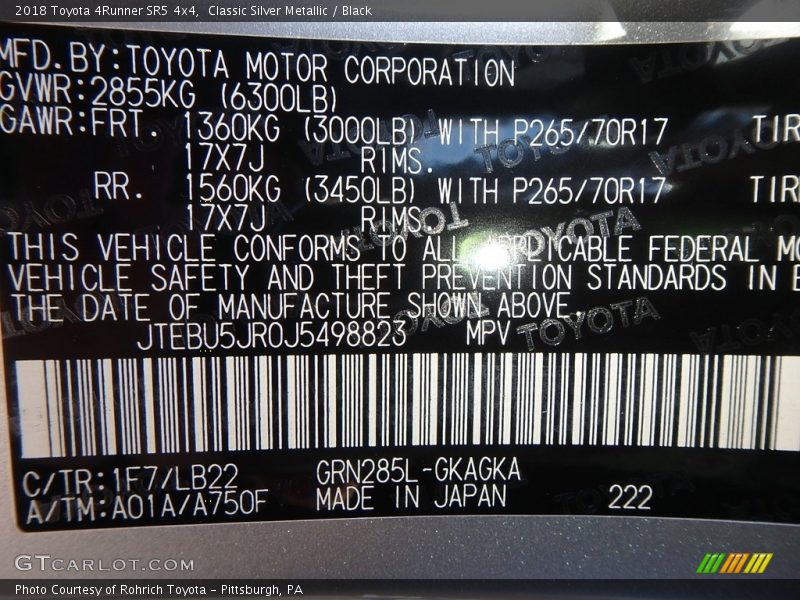 Classic Silver Metallic / Black 2018 Toyota 4Runner SR5 4x4