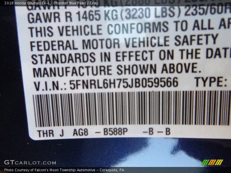 Obsidian Blue Pearl / Gray 2018 Honda Odyssey EX-L