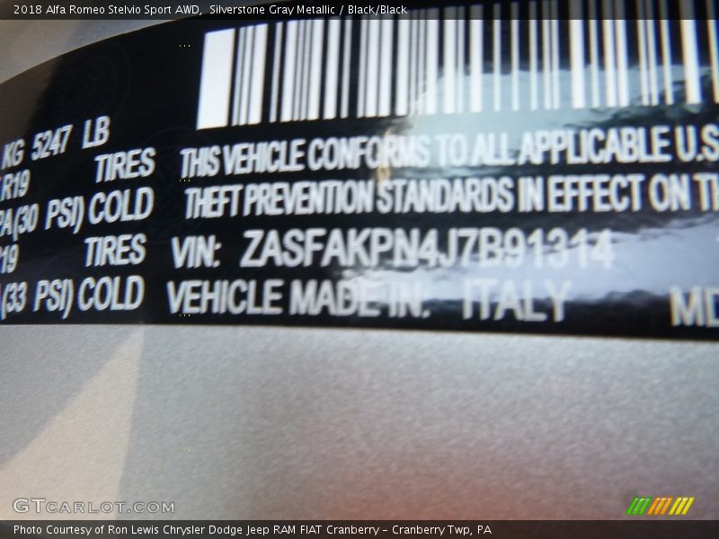 Silverstone Gray Metallic / Black/Black 2018 Alfa Romeo Stelvio Sport AWD