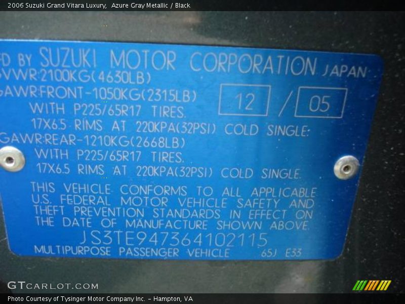 Azure Gray Metallic / Black 2006 Suzuki Grand Vitara Luxury