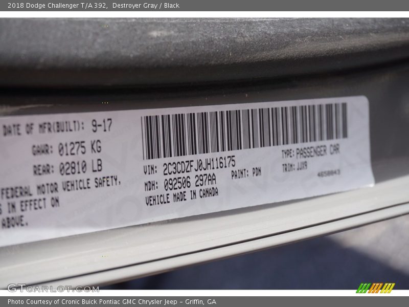 Destroyer Gray / Black 2018 Dodge Challenger T/A 392