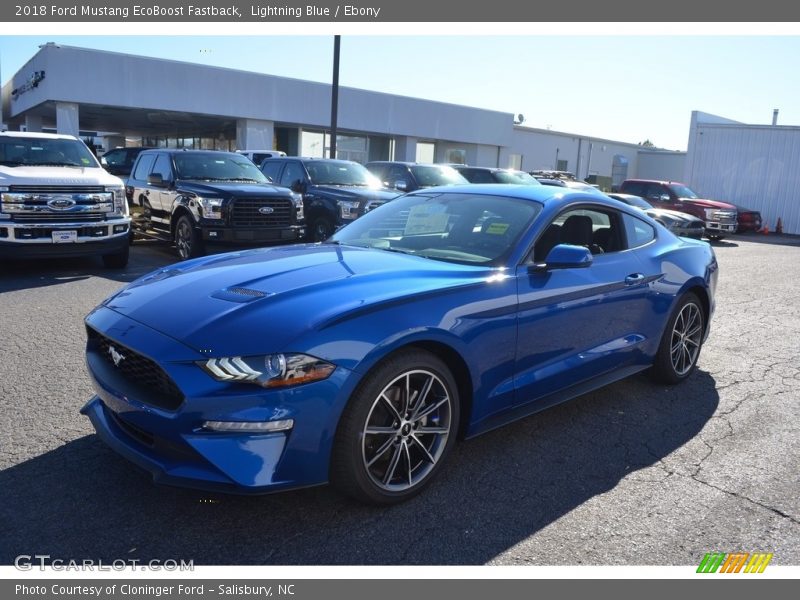 Lightning Blue / Ebony 2018 Ford Mustang EcoBoost Fastback