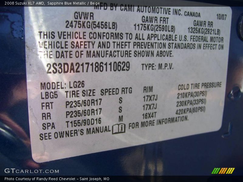Sapphire Blue Metallic / Beige 2008 Suzuki XL7 AWD
