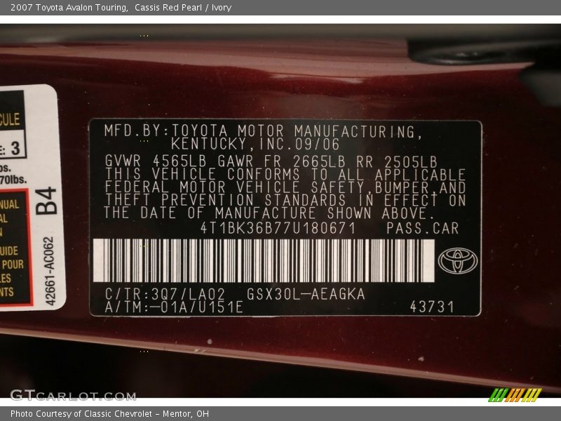 Cassis Red Pearl / Ivory 2007 Toyota Avalon Touring