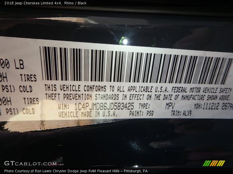 Rhino / Black 2018 Jeep Cherokee Limited 4x4