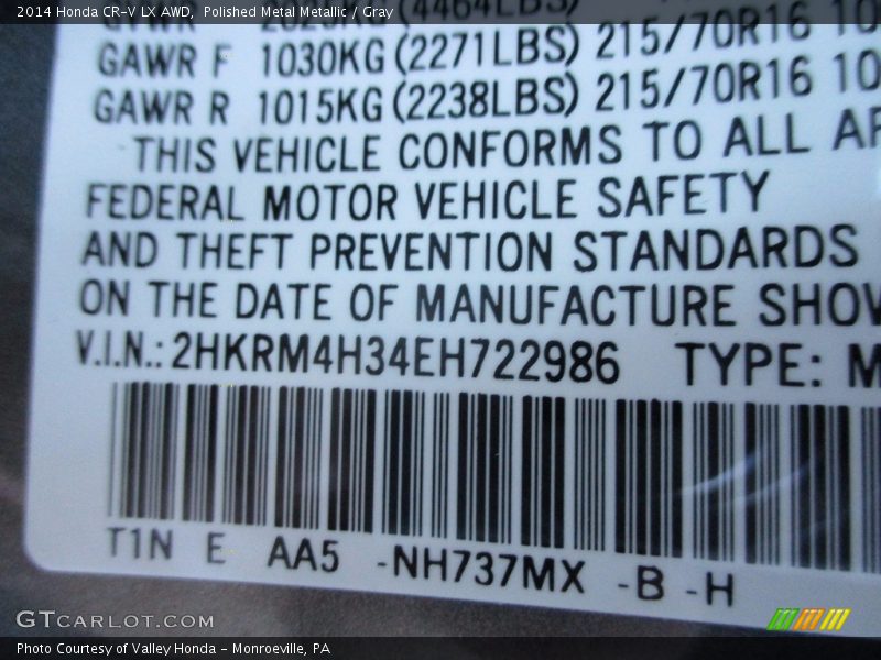Polished Metal Metallic / Gray 2014 Honda CR-V LX AWD