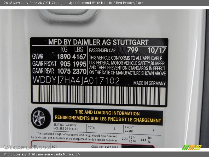 2018 AMG GT Coupe designo Diamond White Metallic Color Code 799