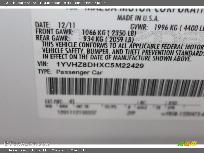 White Platinum Pearl / Beige 2012 Mazda MAZDA6 i Touring Sedan